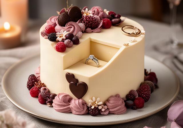 Tarta romántica con mensaje de pedida de mano y espacio para un anillo en Murcia