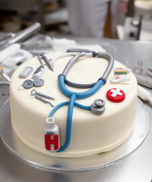 Tarta temática de profesión médica con estetoscopio comestible en una pastelería de Murcia